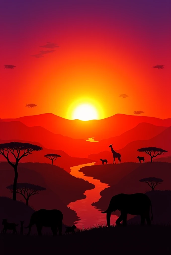 Prise de vue : Un lever de soleil sur un paysage africain, avec des couleurs vives et éclatantes. 