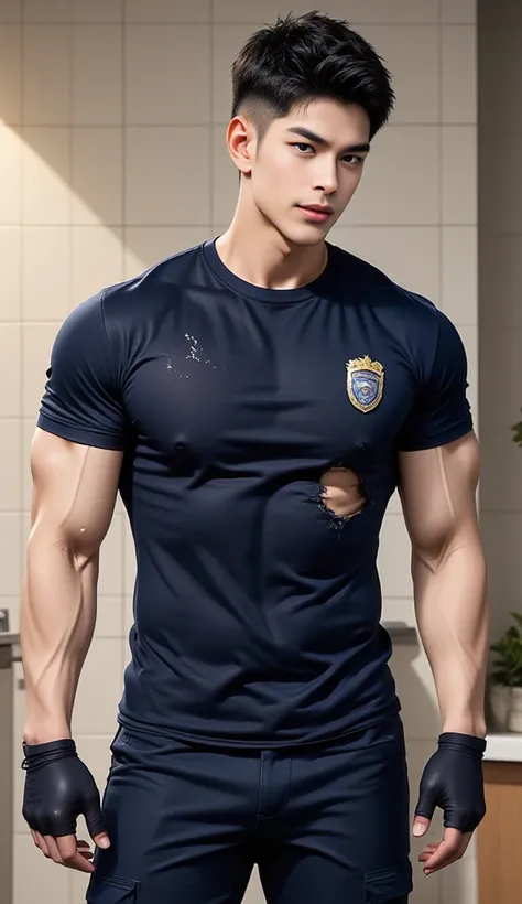 Anime-style illustration ***เสื้อผ้าที่ฉีกขาด*** showing a man with short black hair cut short, wearing a navy blue short-sleeved crew neck t-shirt with a police logo, navy blue cargo pants, black gloves, and a shirt torn on the left chest.