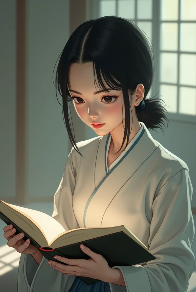 Make me a 9 aspect ratio photo:16 A Japanese Girl Holding A Book