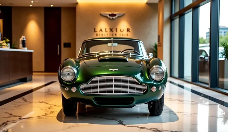 A high-end luxury car showroom with polished marble floors and soft ambient lighting. The centerpiece is a stunning 1960 Aston Martin DB4 GT Zagato, positioned for a close-up front-side view. Its deep green, glossy paint reflects the warm showroom lights, ...