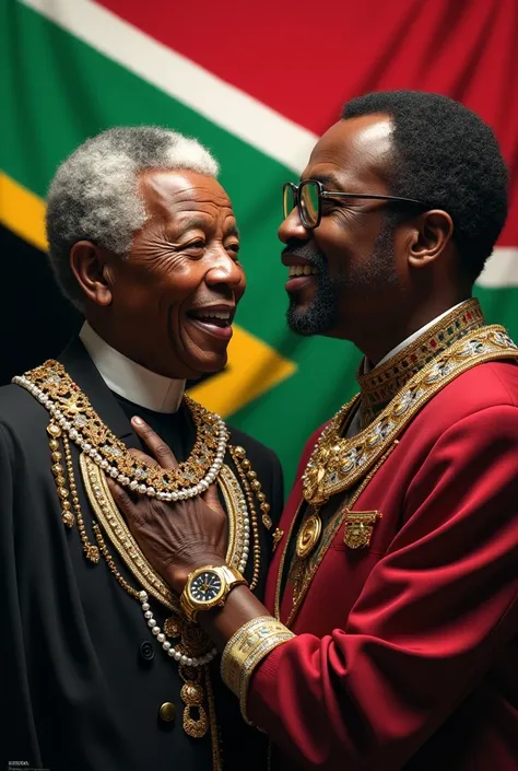 Create a profile picture with the South African flag and different powerful leaders wearing iced out chains, Rolexes and gucci 