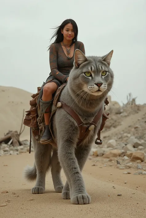 post apocalyptic scene, woman with torn clothes riding a giant cat, apocalyptic scene in a destroyed city, desert woman riding a giant gray cat, female guardian of the desert, giant gray cat with riding saddle