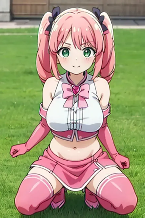 score_9, score_8_up, score_7_up, score_6_up, score_5_up, score_4_up, BREAK source_anime,
anime screencap, under shot, 1girl, solo, haruka hanabishi, twintails, large breasts, green eyes, pink hair,
thighhighs, gloves, pink dress, (crop top, midriff, navel:...