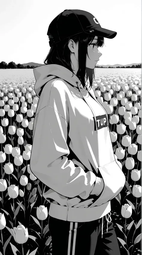  high image quality、 high quality、 Masterpiece、 anatomically correct、accurate human body 、 perfect face、 Details、5 Fingers,Clear skies、 Tulip Field、 1 woman in her 20s、 sport cap、 hoodie、Walking the Shiba Inu、profile、dcr34sed_c0l0ring,  monochrome , Theme,...