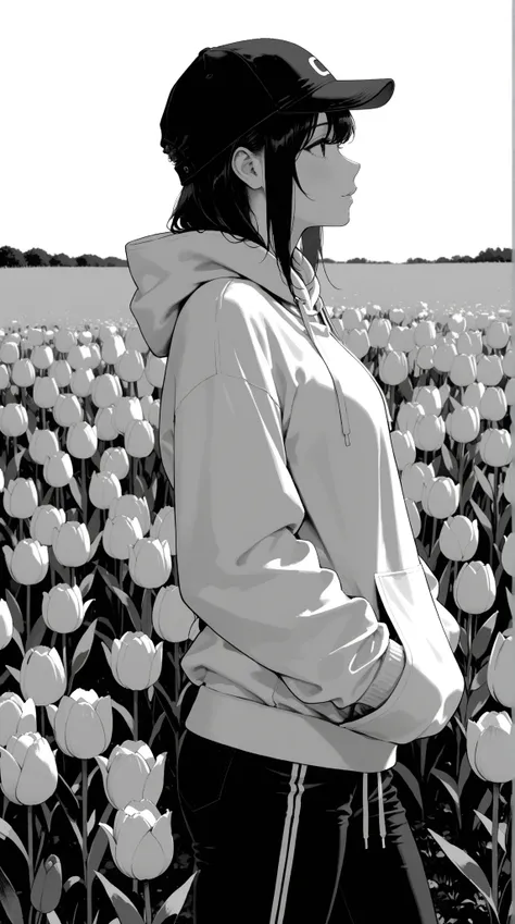  high image quality、 high quality、 Masterpiece、 anatomically correct、accurate human body 、 perfect face、 Details、5 Fingers,Clear skies、 Tulip Field、 1 woman in her 20s、 sport cap、 hoodie、Walking the Shiba Inu、profile、dcr34sed_c0l0ring,  monochrome , Theme,...