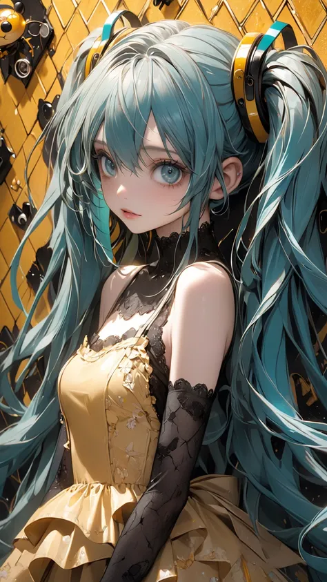 Tim Burton style、extremely realistic 、 Hatsune Miku、Honey colored 、wallpaper、