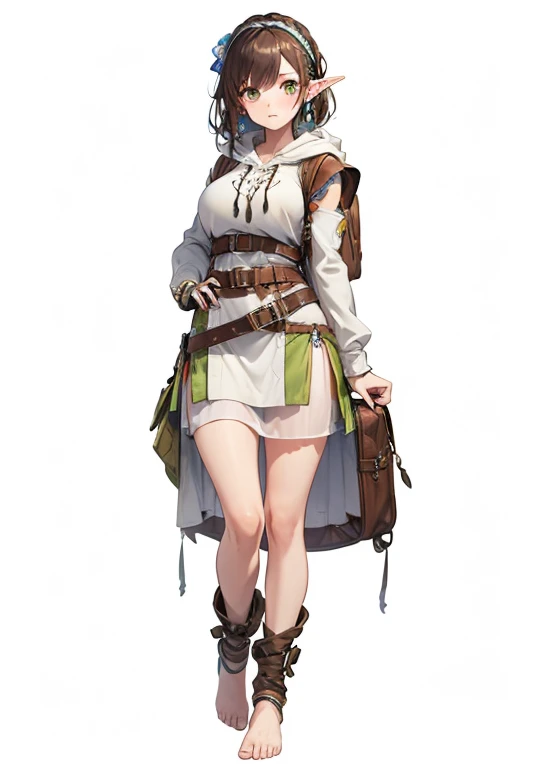 ((best quality))) (((HD))) (((8k))) (character) 20-year-old woman, ((adventurous)),freckles,elf, short stature and plump, chunky ((large breasts)), (wide hips:1.2), long pointy ears, dark brown hair, medium length and held back with a hair band, (leather h...