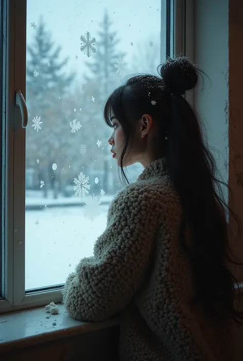 The girl Lush hair, fuzz, big hair bun, long hair on side, is sitting at the window, frosty patterns on the glass, Christmas atmosphere, snow outside, trees, street, strong sense of light, chinapunk, optical illusion paintings, realistic renderings of the ...