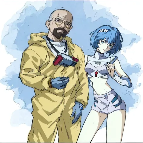 Heisenberg on the left and Rei ayanami on the right next to each other, breaking bad as a manga, gainax anime style, modern sci-fi anime, in the anime ghost in the shell, neon genesis evangelion style, kusanagi, modern cyberpunk anime