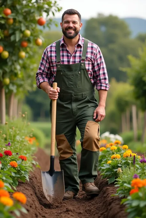 "A robust and cheerful gardener, dressed in classic work attire (checkered shirt and sturdy pants), actively digging in a countryside garden. He holds a large shovel with both hands, his feet firmly planted in fertile soil. The environment is lush, with co...