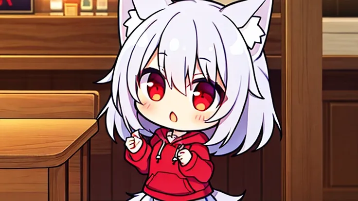 solo。 wolf girl。 Silver Hair。 red eyes。 medium hair。 red hoodie。 white skirt 。Cafe