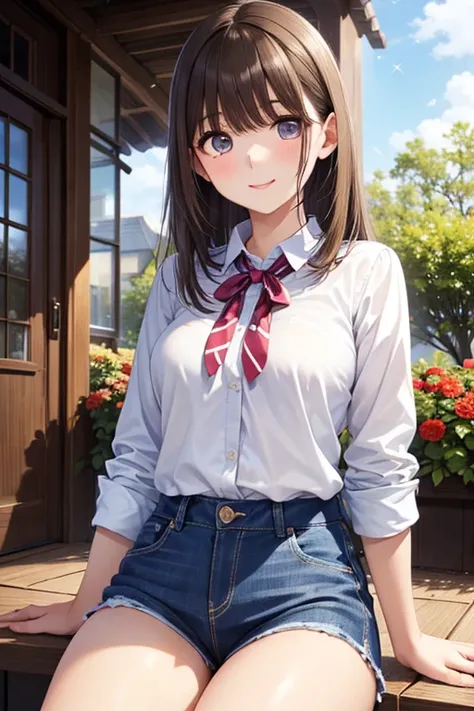 anegasaki nene, shiny chestnut hair, (brown pretty eyes, sparkling eyes, fine eyes), smiling face, super detailed eyes, highly detailed face, highly detailed eyes, (masterpiece:1.2, best quality), 1 girl, cowboy shot,, 


cowboy shot,


 denim pants、​maste...