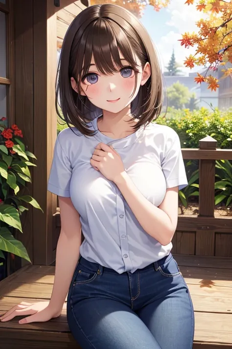 anegasaki nene, shiny chestnut hair, (brown pretty eyes, sparkling eyes, fine eyes), smiling face, super detailed eyes, highly detailed face, highly detailed eyes, (masterpiece:1.2, best quality), 1 girl, cowboy shot,, 


cowboy shot,


 denim pants、​maste...