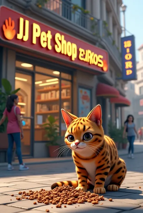 The bengal cat in front of the shop is eating dry food, the name of the shop is jj pet shop express kunak