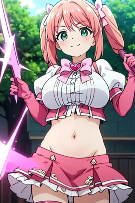 score_9, score_8_up, score_7_up, score_6_up, score_5_up, score_4_up, BREAK source_anime,
anime screencap, under shot, 1girl, solo, haruka hanabishi, twintails, large breasts, green eyes, pink hair,
thighhighs, gloves, pink dress, (crop top, midriff, navel:...