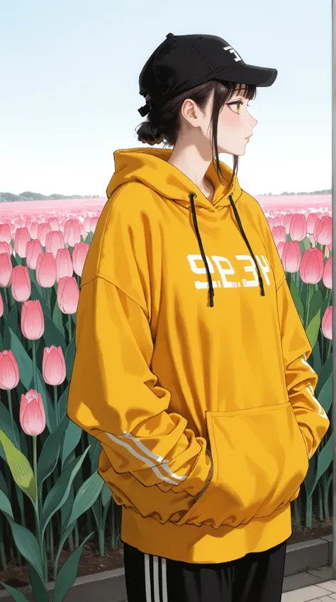  high image quality、 high quality、 Masterpiece、 anatomically correct、accurate human body 、 perfect face、 Details、5 Fingers,Clear skies、colorful tulip field、 1 woman in her 20s、black sport cap、 yellow hoodie、 black bottoms 、Shiba Inu、profile,chinese traditi...