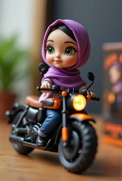 Miniature action figure of a young woman with a beautiful face from Indonesia, wearing a hijab, wearing a purple headscarf with a flower pattern, black shoes, riding a black and orange Scoopy automatic motorbike, complete with accessories, placed on a tabl...