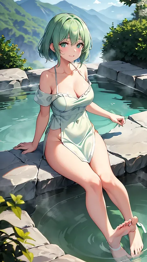  of shoulder-length green hair,  Small Breasts,  small tits、Green Eyes, 、(((Ladylike))), full body from head to toe 、 1 thin, transparent, white towel、 body line、 smiles、((Aerial view from the tips of the toes ))、 hot springs with natural mountain views 、 ...