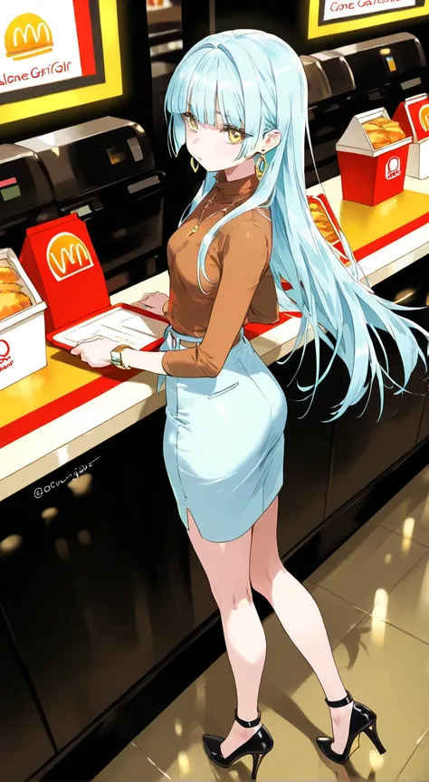 fast food restaurant, 1 cashier girl, alone, long light blue hair, straight bangs, yellow eyes, small breasts, thin, tall, brown shirt, heels, earrings, necklace, bracelet, wrist watch, long light blue skirt, jockey.