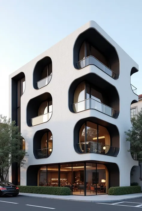 
 double skin facade architecture design in Iran  ,   restaurant exterior    , 7.5m wide  ,  22m high  ,   Front view  , side  ,   High quality rendered architecture  , in the United States  , Movie ,   luxury building exterior wall landscape   ,   White a...