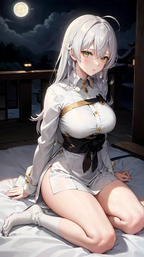  long silver hair 、  beautiful shaped D cup with tension, yellow eyes , Moonlight、 moonlight 、、、, Full Body Composition from Head to Toe、Sharp Eye、Older sister、Sexy Fashion、 white shirt、Belly button exposed、Dress pants、Beige jacket coat 、Night Beauty、 with...