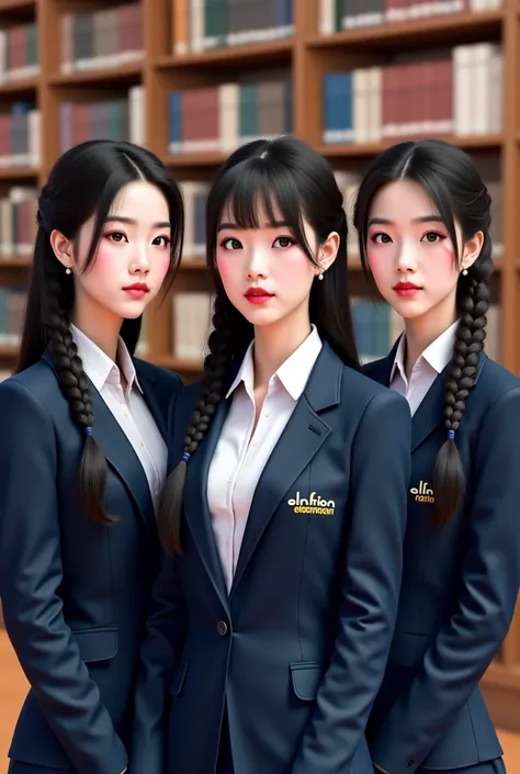 3 beautiful Korean girls with long straight hair in black braids wearing white shirts, blue alma mater blazers that say ELFNATION on their left chest are in the library while standing