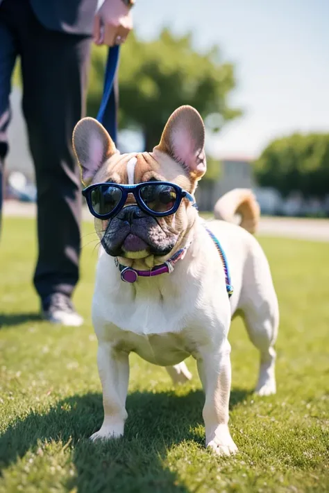 there is a Small dogs standing on a green carpet,  French bulldog,   beautiful girl with carafe photographed playing games on a computer with headphones , Small dogs,  crawling towards the camera ,   walking towards camera  ,  A man in sunglasses and a tie...