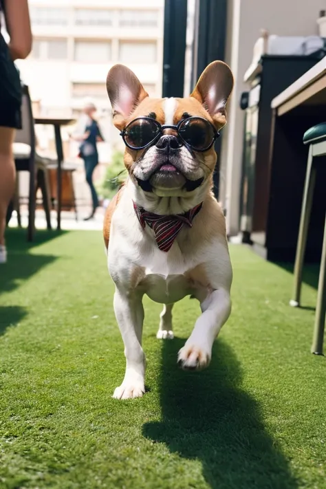 there is a Small dogs standing on a green carpet,  French bulldog,   beautiful girl with carafe photographed playing games on a computer with headphones , Small dogs,  crawling towards the camera ,   walking towards camera  ,  A man in sunglasses and a tie...