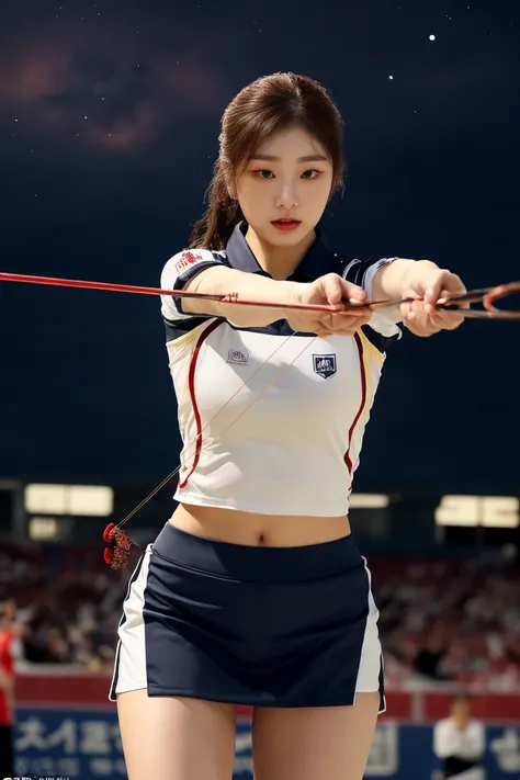 A breathtakingly skilled female archer with a perfectly toned and athletic physique, standing gracefully in a grand stadium under a mesmerizing night sky filled with glowing stars and a cosmic nebula. She wears a sleek and stylish professional archery unif...