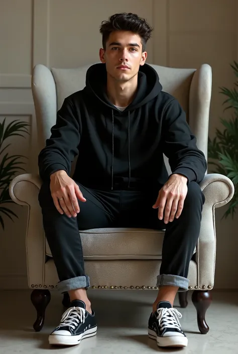 Adnan king Create a 3D illusion for a profile picture where a 25 Year old cute boy in a black hoodie Sitting casually on a Wingback chair. Wearing sneakers, with