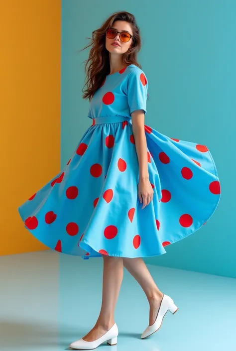 A blue dress with red dots and white shoes 