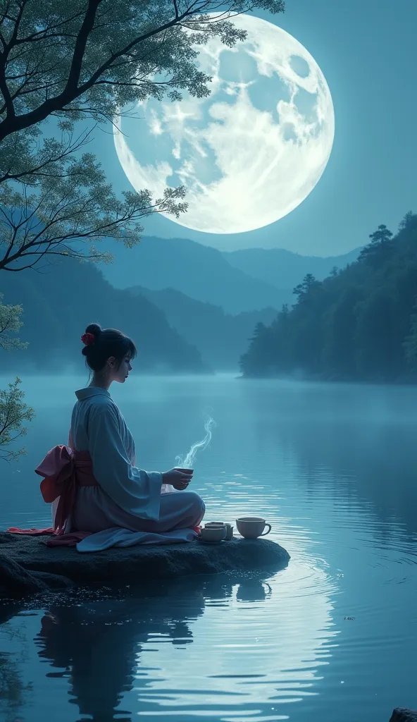 The moonlight reflected on the surface of the lake conveys an aesthetic image of a tea ceremony, 