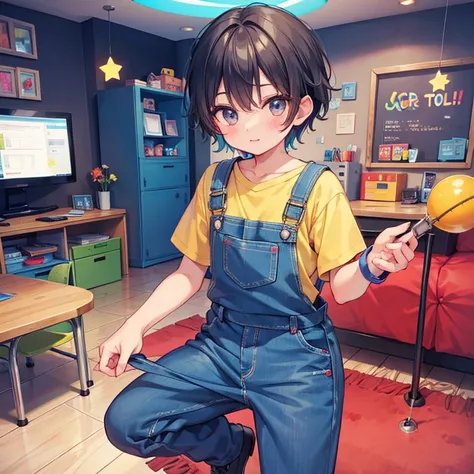 boy showing off his overalls in colorful playroom