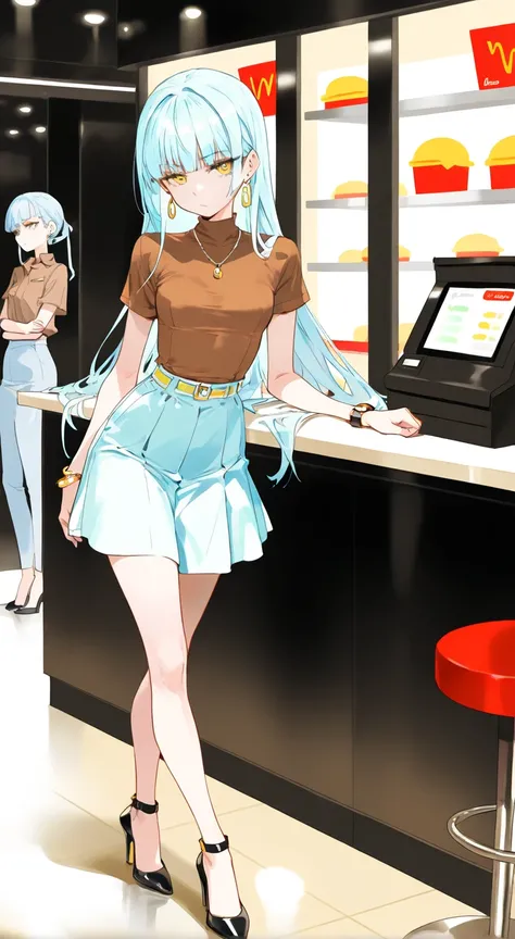 fast food restaurant, 1 cashier girl, \(alone, long light blue hair, straight bangs, yellow eyes, small breasts, thin, tall, brown shirt, heels, earrings, necklace, bracelet, wrist watch, long light blue skirt, jockey\), bored look, behind the cash registe...