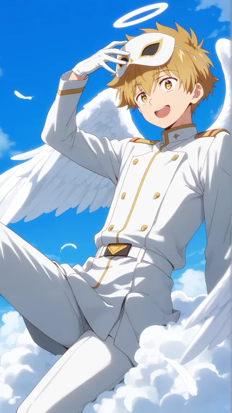 Full pure White hero masked men anime, solo, male focus,white angle uniform,white hero mask,white eye mask,gloves,angel,1boy,male focus,big white angel wing,angel halo,golden eyes,day sky clouds heaven bankground,inuzuka shuu, blonde,male focus,playful, on...