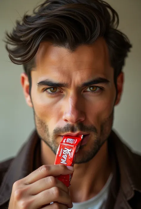 A handsome man , sucking a candy of  "AZRA BET" brand