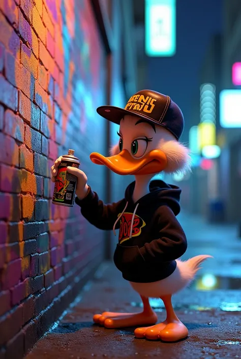 Looney Tunes' Daffy Duck reimagined as a cool street artist, wearing a baggy hoodie, snapback cap turned backward, and spray paint cans in hand. He is creating a vibrant graffiti mural on a brick wall, featuring bold colors and dynamic urban art. The setti...