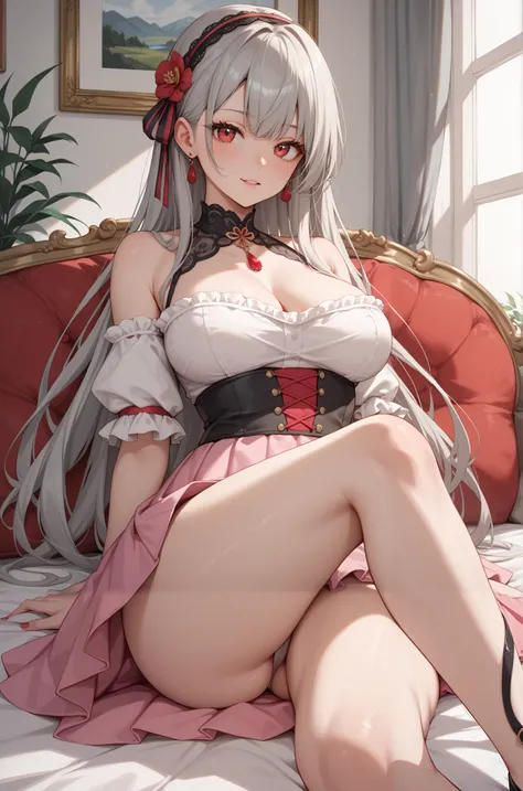 A anime girl , a long hair gray and red eyes , she has a dress  , she has a big ass and big breasts is very cute and very beautiful. She is sitting on the bed you can see the foot, a shoulders is very beautiful, she is pink skirt.  She is   . She is, hair ...