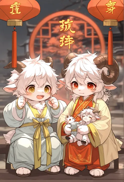 sheep boy ，Goat Horns，furry boy， toddler，White hair，Hanfu，Red Lantern，Chinese New Year