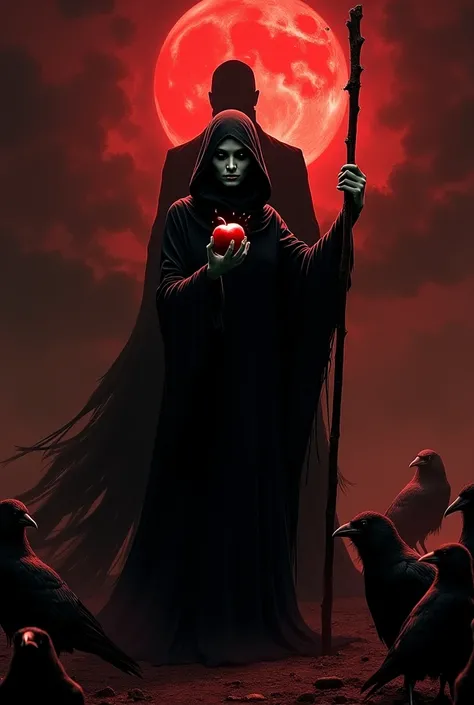 a witch in hell holds an apple and behind a man with a staff and black crows 