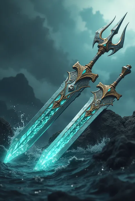 Create an image of Poseidon's trident and Kratos' swords of chaos