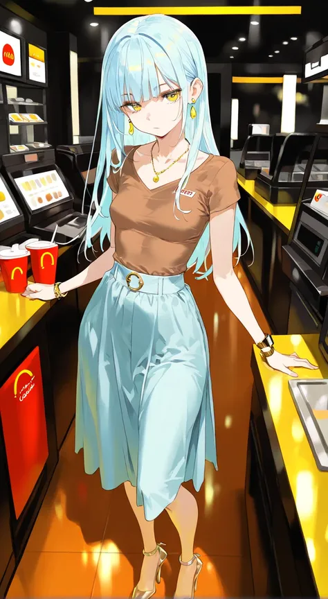 fast food restaurant, 1girl, \(alone, cashier, long light blue hair, straight bangs, yellow eyes, small breasts, thin, tall, brown shirt, heels, earrings, necklace, bracelet, wrist watch, long light blue skirt, jockey\), bored look, POV