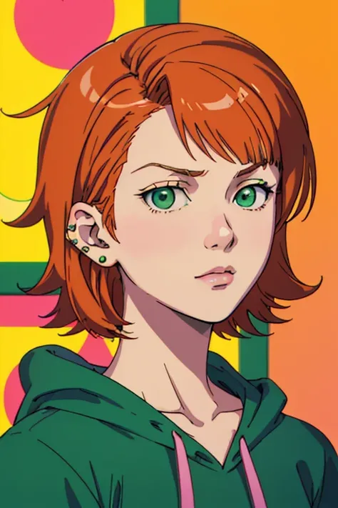 80s anime, (masterpiece, best quality, 1girl, solo, intricate details, chromatic aberration), realistic, ((small breath)), medium hair, orange hair, red head ornament, pink highlights, short bangs, Green eyes, noise stud,  earrings, sharp eyes, green hoodi...