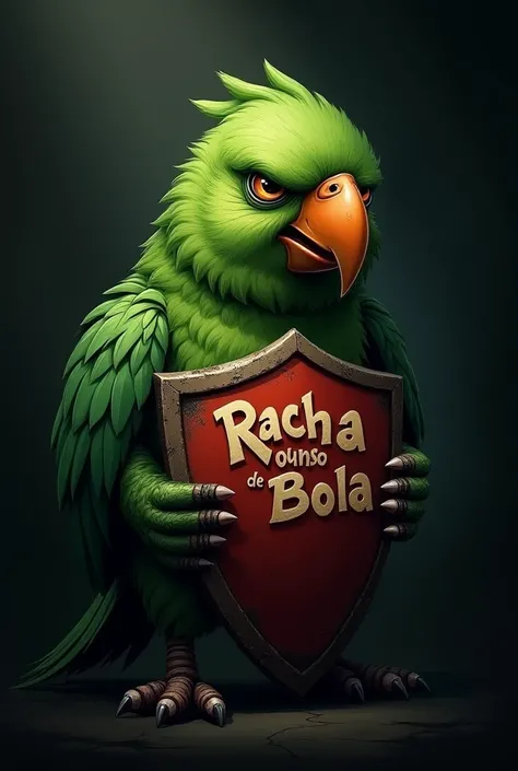 Create a mascot of a very shady parrot holding a shield with the name Racha Bons de Bola, With a very dark background