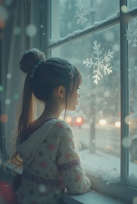 The girl Lush hair, fuzz, big hair bun, long hair on side, is sitting at the window, frosty patterns on the glass, Christmas atmosphere, snow outside, trees, street, strong sense of light, chinapunk, optical illusion paintings, realistic renderings of the ...