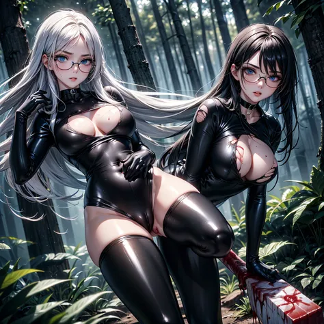 (((blood))), (((blood en el cuerpo))), ((( wounds on the body))), ((( torn clothes))),  better quality,  detailed), (( perfect hands)), 1 girl, Alone ,  Fight Pose, holds an axe in his hand, (((tight shiny black bodysuit))), ((( shiny black leggings))), ((...