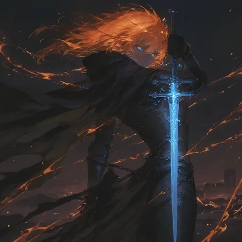 A badass anime-style fantasy warrior woman with long, flowing fiery orange hair that moves dynamically in the wind and piercing sapphire-blue eyes that glow with an intense, mystical light. Her expression is fierce and determined, exuding confidence and ra...