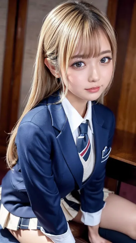 (( Masterpiece,  highest quality,  high resolution,  super high heels)),  Japanese High School Girls,( by Nomi:1.5)、 smiles、great face、 Closed Mouth、 sharp mouth、Glossy Lips 、 ponytail,(Beautiful blonde:1.5)、 High School Uniforms,( navy blue blazer, tie, d...