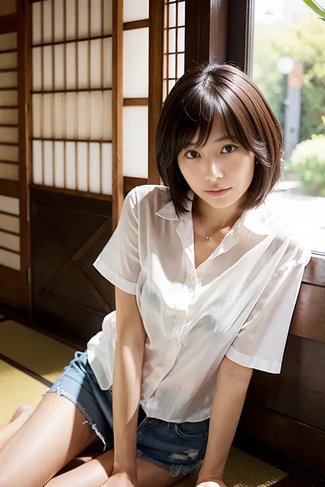 35-year-old Japanese woman with small breasts and short black hair、Open chest shirt and miniskirt、 cafe