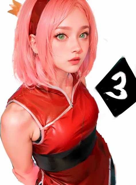 young woman, short shoulder-length pink hair, wide forehead, porcelain skin, pink eyebrows, big emerald green eyes, buttoned nose, full lips, heart-shaped face, slender body, small breasts, red tank top, Sakura Haruno , realistic, realism, details, 3d, wel...